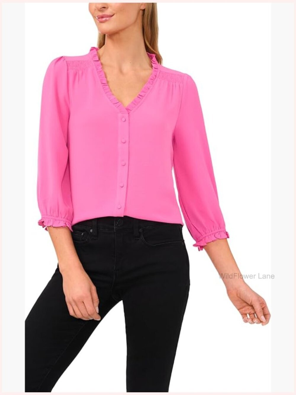 3/4 Sleeve V-Neck Blouse with Buttons Smocked Shoulder